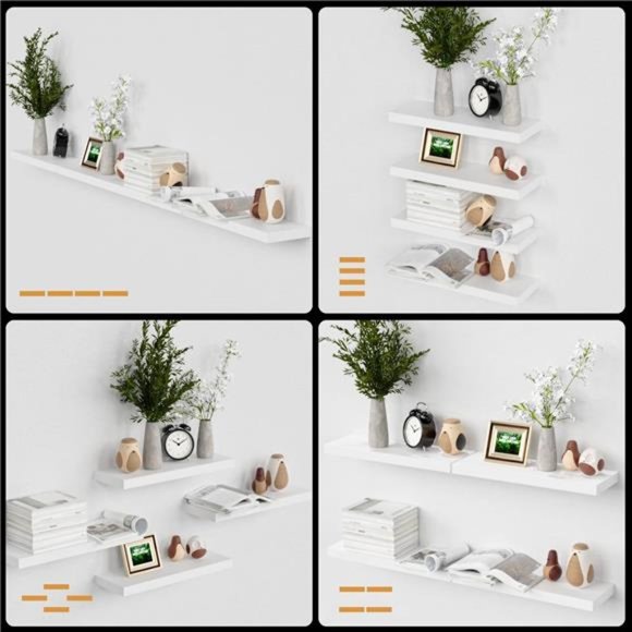 White Floating Shelves for Wall, 4 Sets with Invisible Brackets for Wall Decor - Picture 3 of 6